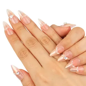 Handmade Press on Nails with Glue Handcraft Shimmery Pink Tips with Pearl Edging & 3D Crystal Butterfly, Medium Almond Shape 10pcs (Butterfly Whisper - S)