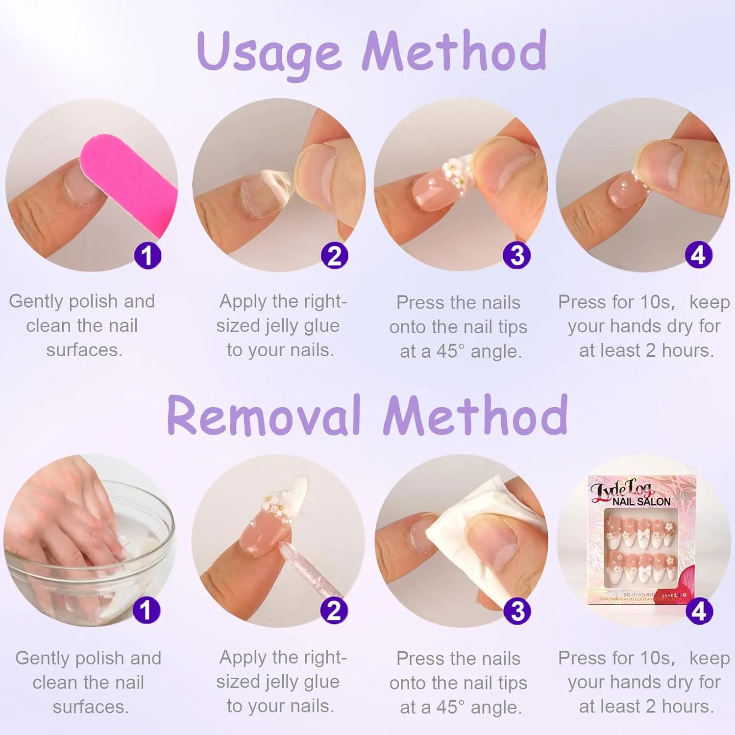 Handmade Press on Nails with Glue Handcraft Shimmery Pink Tips with Pearl Edging & 3D Crystal Butterfly, Medium Almond Shape 10pcs (Butterfly Whisper - S)