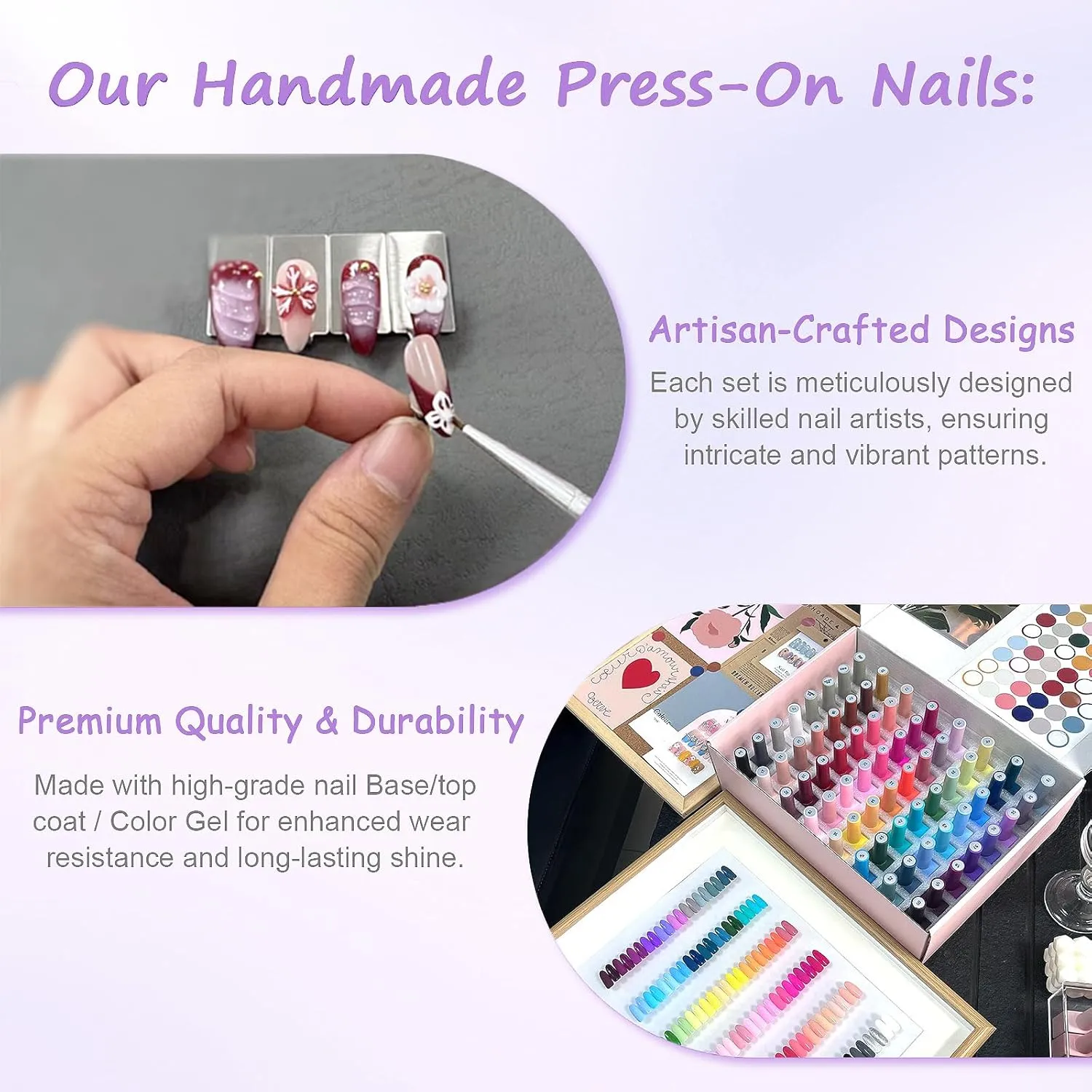Handmade Press on Nails with Glue Handcraft Shimmery Pink Tips with Pearl Edging & 3D Crystal Butterfly, Medium Almond Shape 10pcs (Butterfly Whisper - S)