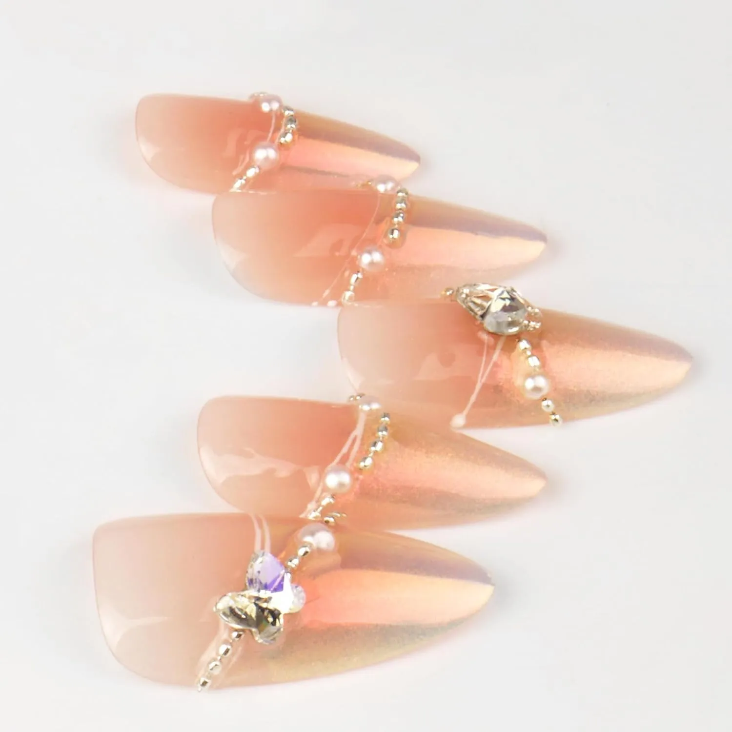 Handmade Press on Nails with Glue Handcraft Shimmery Pink Tips with Pearl Edging & 3D Crystal Butterfly, Medium Almond Shape 10pcs (Butterfly Whisper - S)