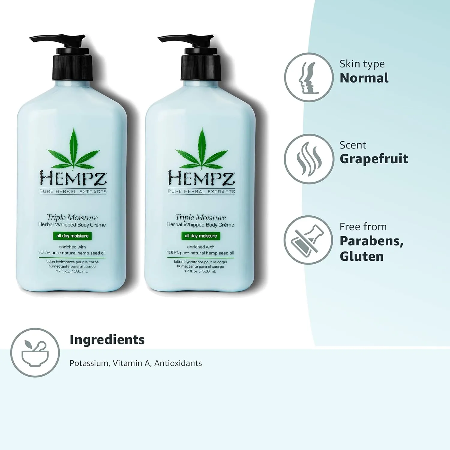 Hempz Natural Triple Moisture Herbal Whipped Body Cream with 100% Pure Hemp Seed Oil for 24-Hour Hydration, Moisturizing Vegan Skin Lotion with Yangu Oil, Peach and Grapefruit, 17 Fl Oz (Pack of 2)