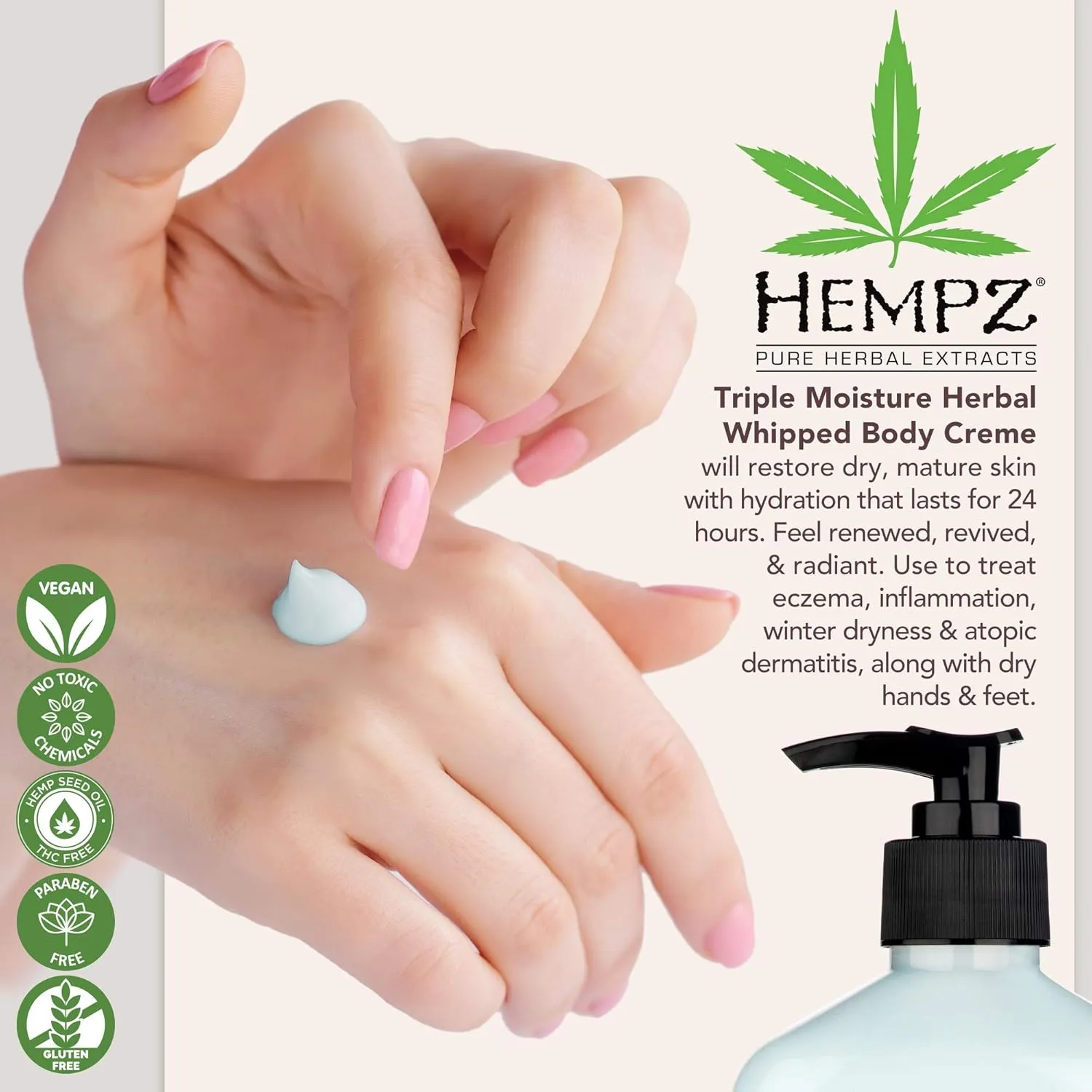 Hempz Natural Triple Moisture Herbal Whipped Body Cream with 100% Pure Hemp Seed Oil for 24-Hour Hydration, Moisturizing Vegan Skin Lotion with Yangu Oil, Peach and Grapefruit, 17 Fl Oz (Pack of 2)