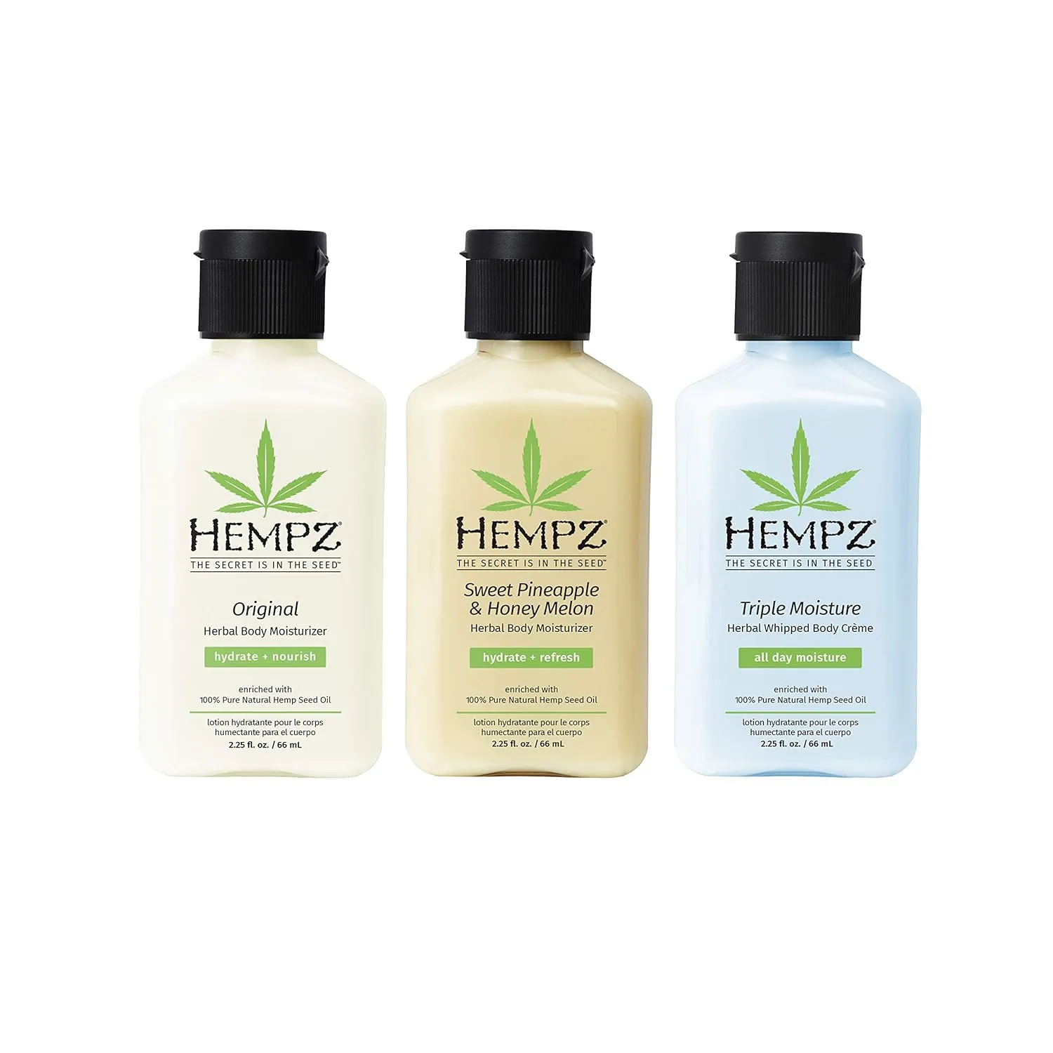 Hempz Original, Sweet Pineapple & Honey Melon, and Triple Moisture Travel Size Moisturizers, Pure, Natural & Herbal Hemp Seed Lotion for Dryness, 2.25oz, 3-Pack Bundle
