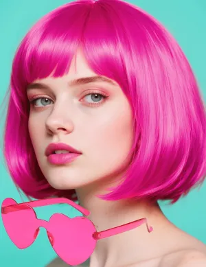 Hot Pink Bob Wig Synthetic Heat-Resistant Dark Pink Wig with Adjustable Straps, Natural Looking Soft Bob Wig for Halloween Costume Party