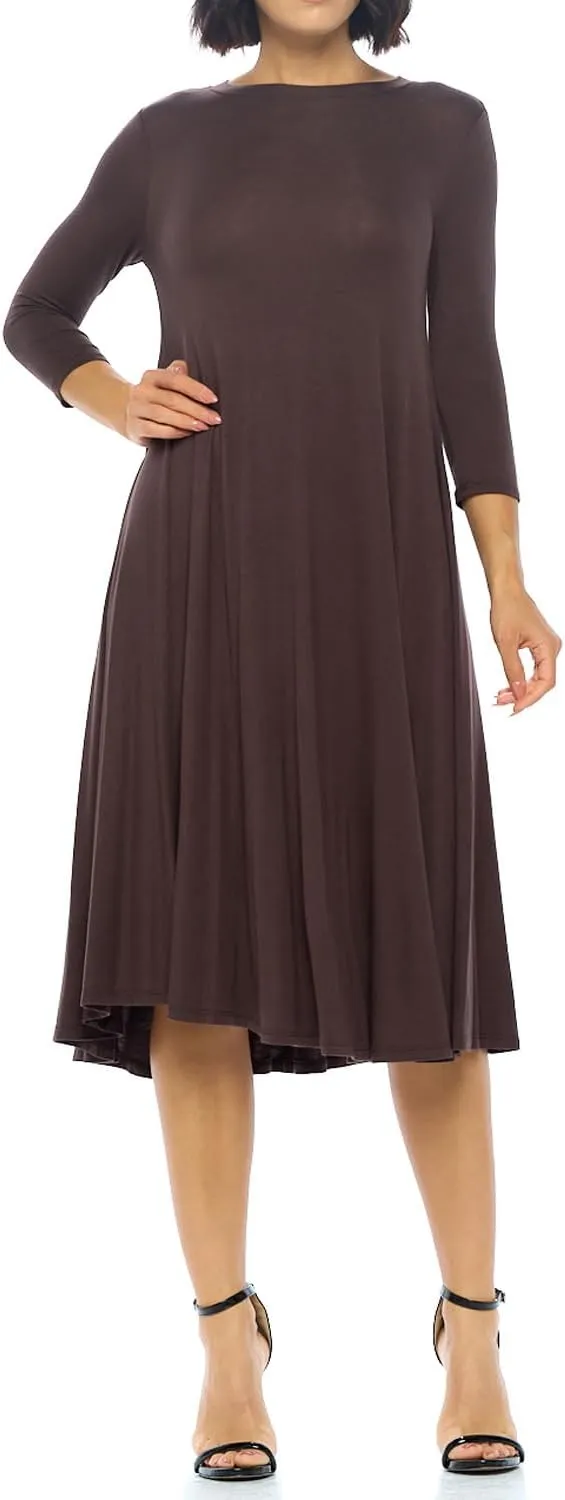 iconic luxe Women's Swing Midi Dress – 3/4 Sleeve Flowy A-Line Tunic – Soft, Stretchy, Comfortable, and Versatile