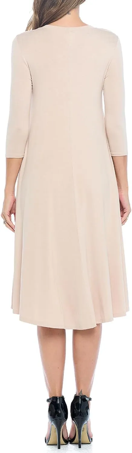 iconic luxe Women's Swing Midi Dress – 3/4 Sleeve Flowy A-Line Tunic – Soft, Stretchy, Comfortable, and Versatile