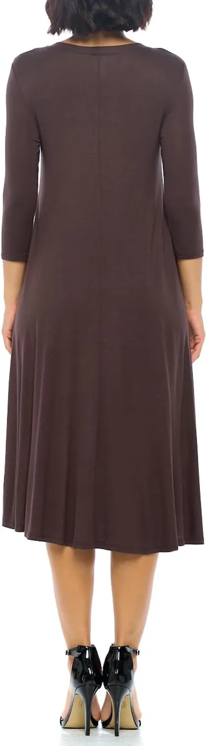 iconic luxe Women's Swing Midi Dress – 3/4 Sleeve Flowy A-Line Tunic – Soft, Stretchy, Comfortable, and Versatile