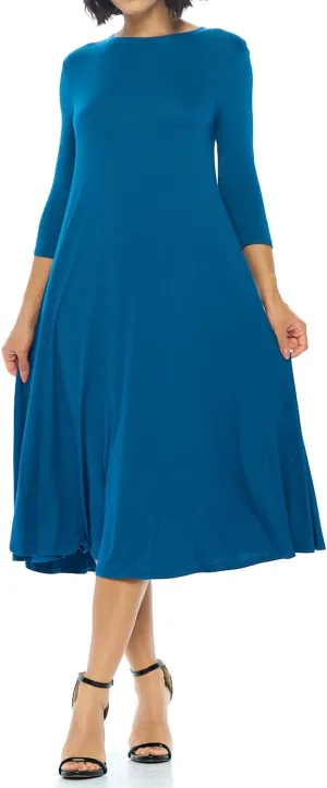 iconic luxe Women's Swing Midi Dress – 3/4 Sleeve Flowy A-Line Tunic – Soft, Stretchy, Comfortable, and Versatile