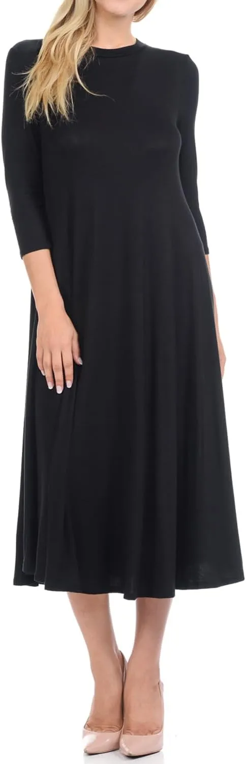 iconic luxe Women's Swing Midi Dress – 3/4 Sleeve Flowy A-Line Tunic – Soft, Stretchy, Comfortable, and Versatile