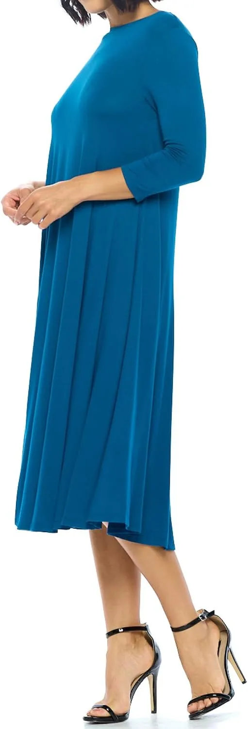 iconic luxe Women's Swing Midi Dress – 3/4 Sleeve Flowy A-Line Tunic – Soft, Stretchy, Comfortable, and Versatile