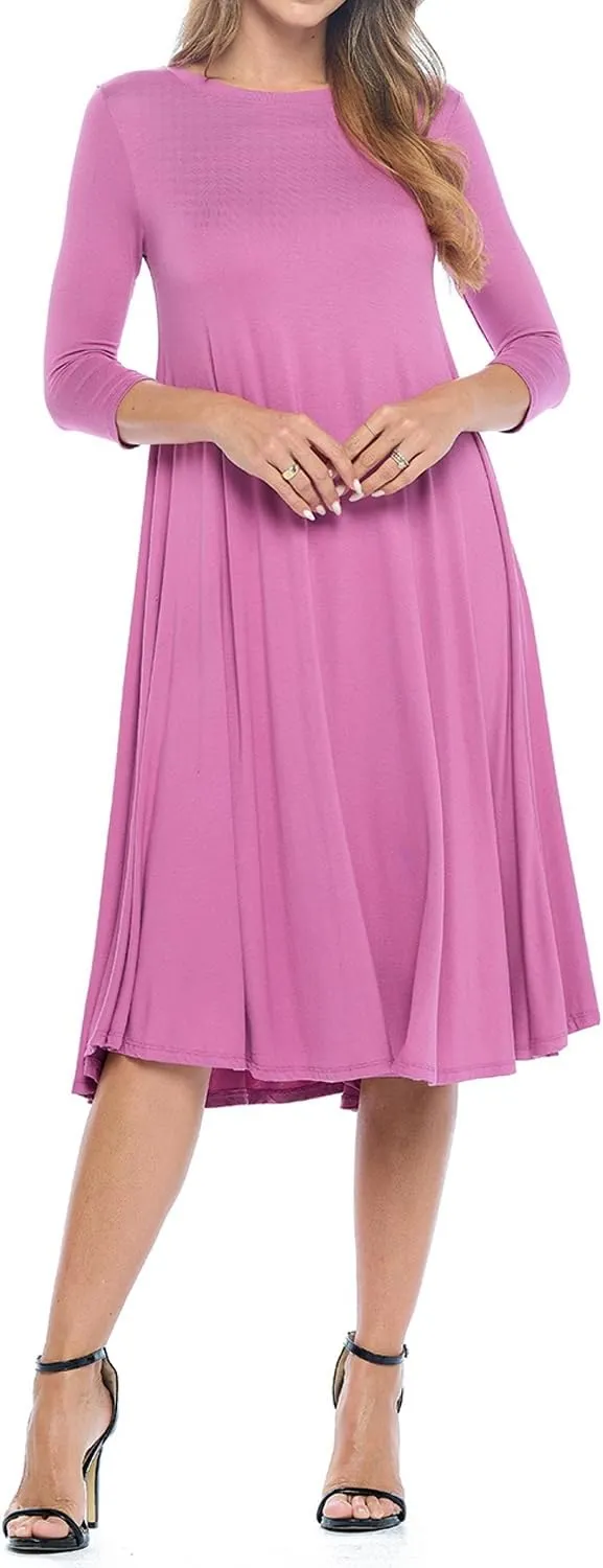 iconic luxe Women's Swing Midi Dress – 3/4 Sleeve Flowy A-Line Tunic – Soft, Stretchy, Comfortable, and Versatile