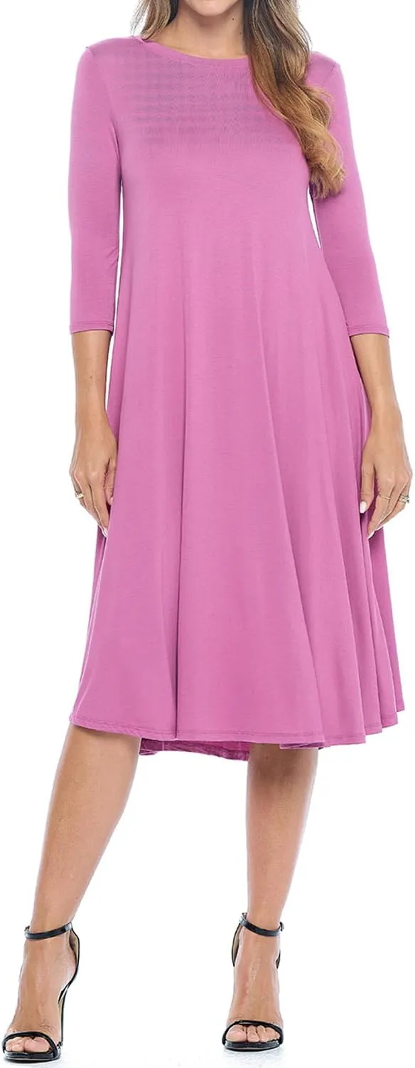 iconic luxe Women's Swing Midi Dress – 3/4 Sleeve Flowy A-Line Tunic – Soft, Stretchy, Comfortable, and Versatile