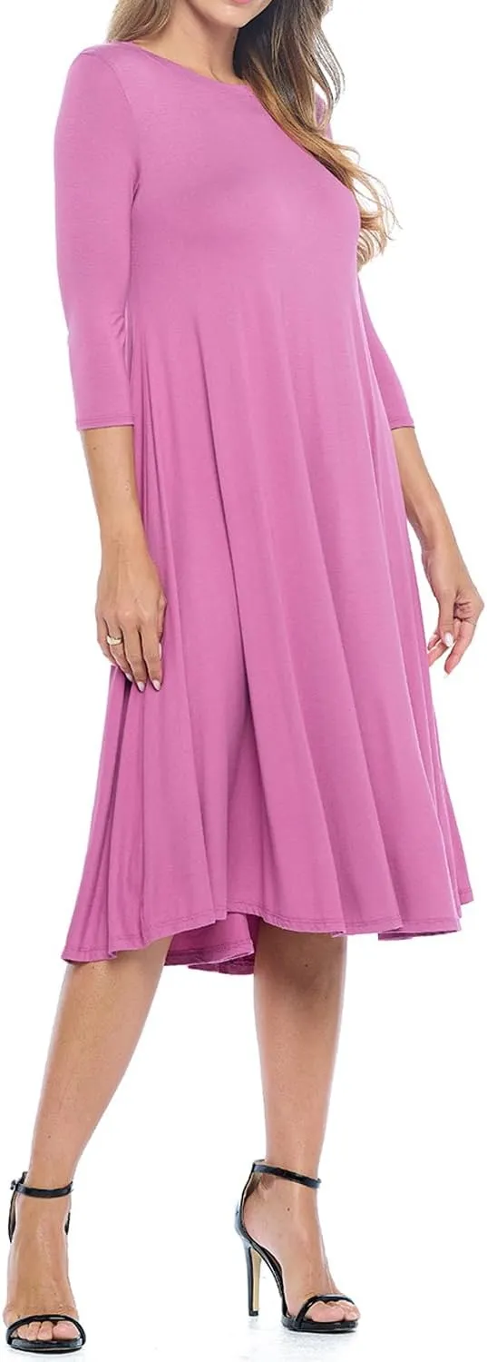 iconic luxe Women's Swing Midi Dress – 3/4 Sleeve Flowy A-Line Tunic – Soft, Stretchy, Comfortable, and Versatile