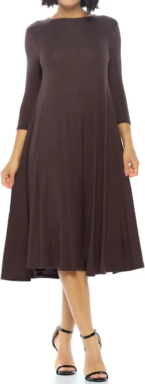 iconic luxe Women's Swing Midi Dress – 3/4 Sleeve Flowy A-Line Tunic – Soft, Stretchy, Comfortable, and Versatile