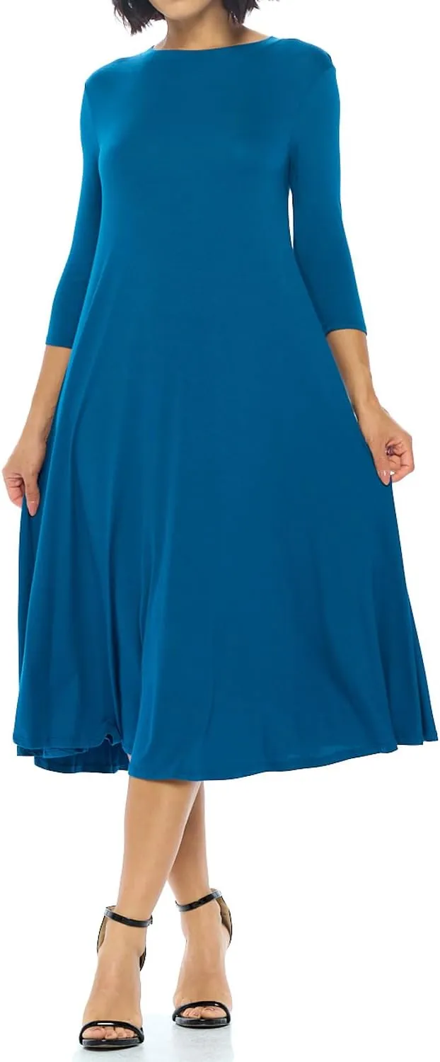 iconic luxe Women's Swing Midi Dress – 3/4 Sleeve Flowy A-Line Tunic – Soft, Stretchy, Comfortable, and Versatile