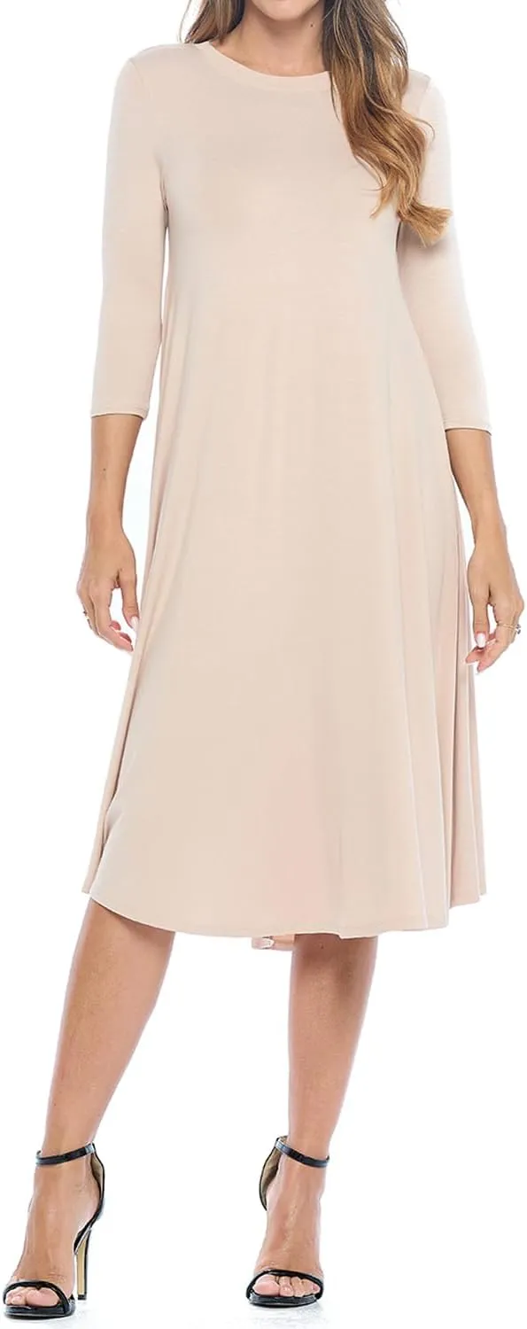 iconic luxe Women's Swing Midi Dress – 3/4 Sleeve Flowy A-Line Tunic – Soft, Stretchy, Comfortable, and Versatile