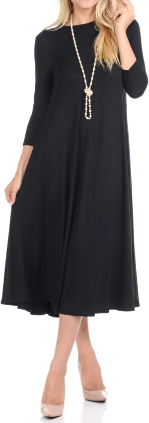 iconic luxe Women's Swing Midi Dress – 3/4 Sleeve Flowy A-Line Tunic – Soft, Stretchy, Comfortable, and Versatile