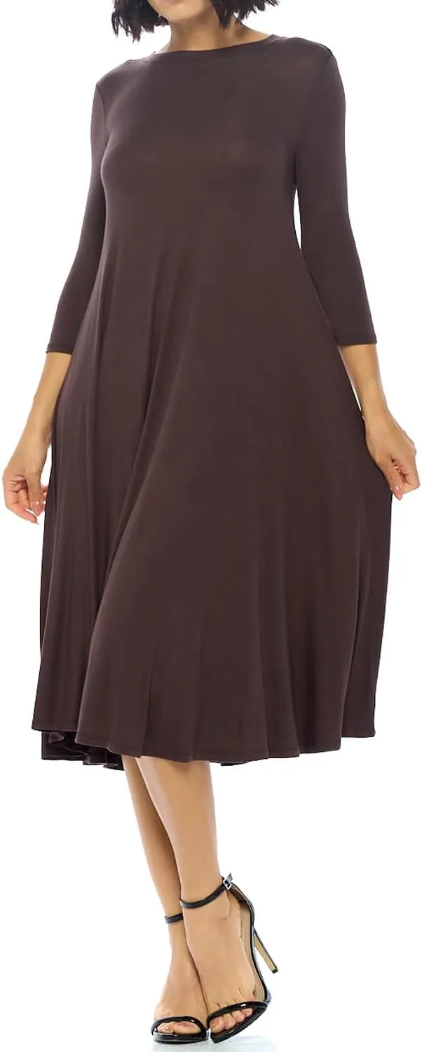 iconic luxe Women's Swing Midi Dress – 3/4 Sleeve Flowy A-Line Tunic – Soft, Stretchy, Comfortable, and Versatile