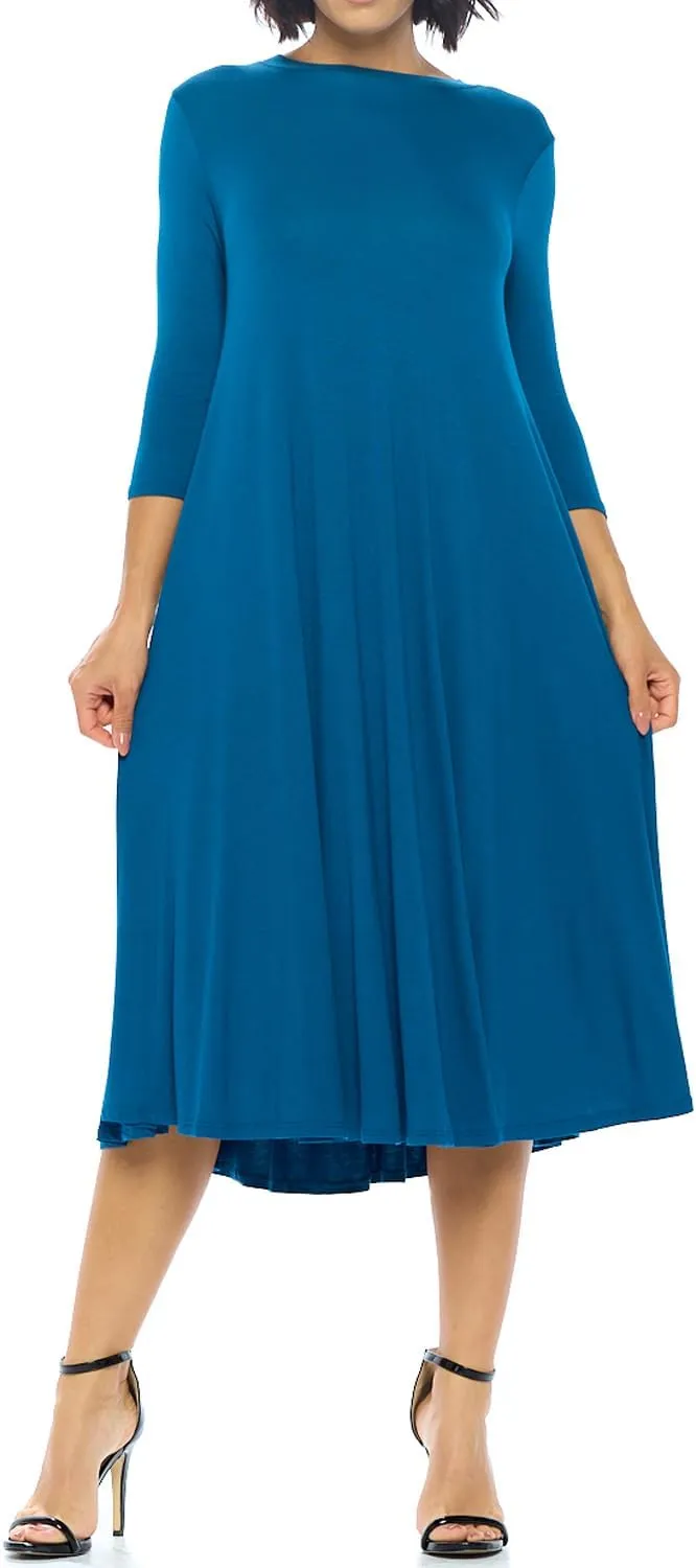 iconic luxe Women's Swing Midi Dress – 3/4 Sleeve Flowy A-Line Tunic – Soft, Stretchy, Comfortable, and Versatile