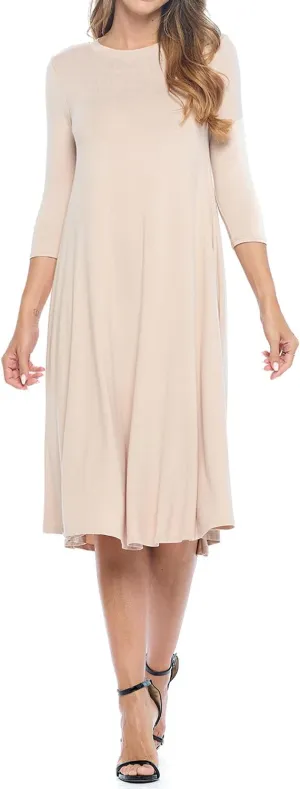 iconic luxe Women's Swing Midi Dress – 3/4 Sleeve Flowy A-Line Tunic – Soft, Stretchy, Comfortable, and Versatile