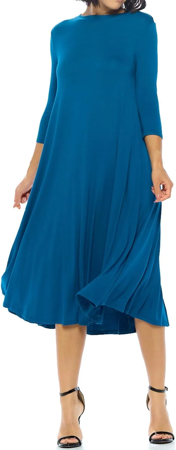 iconic luxe Women's Swing Midi Dress – 3/4 Sleeve Flowy A-Line Tunic – Soft, Stretchy, Comfortable, and Versatile