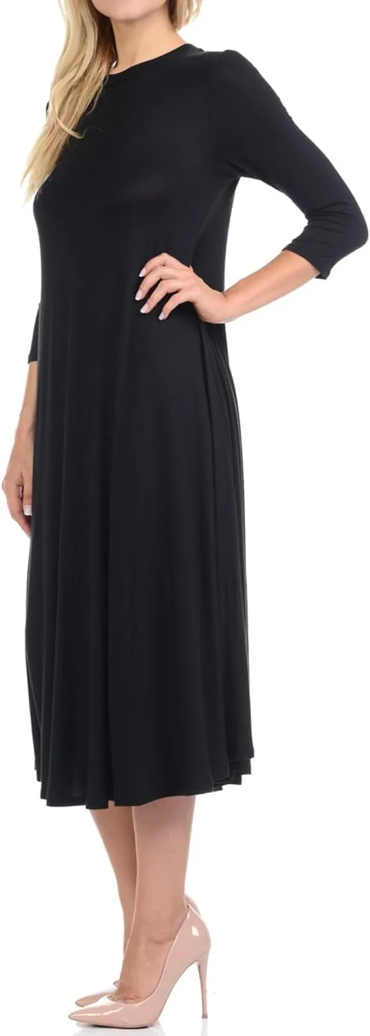 iconic luxe Women's Swing Midi Dress – 3/4 Sleeve Flowy A-Line Tunic – Soft, Stretchy, Comfortable, and Versatile
