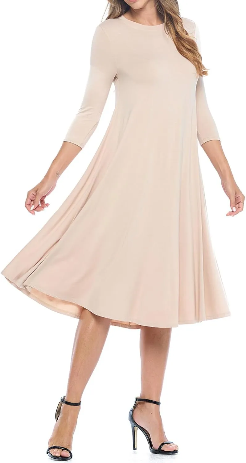 iconic luxe Women's Swing Midi Dress – 3/4 Sleeve Flowy A-Line Tunic – Soft, Stretchy, Comfortable, and Versatile
