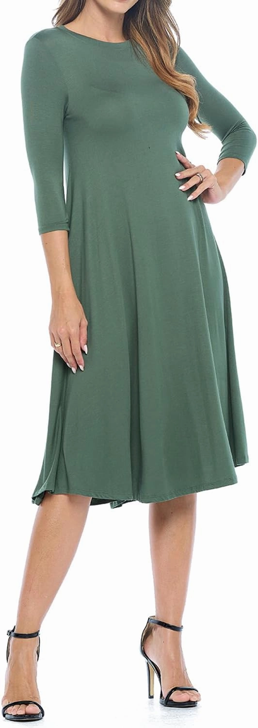 iconic luxe Women's Swing Midi Dress – 3/4 Sleeve Flowy A-Line Tunic – Soft, Stretchy, Comfortable, and Versatile