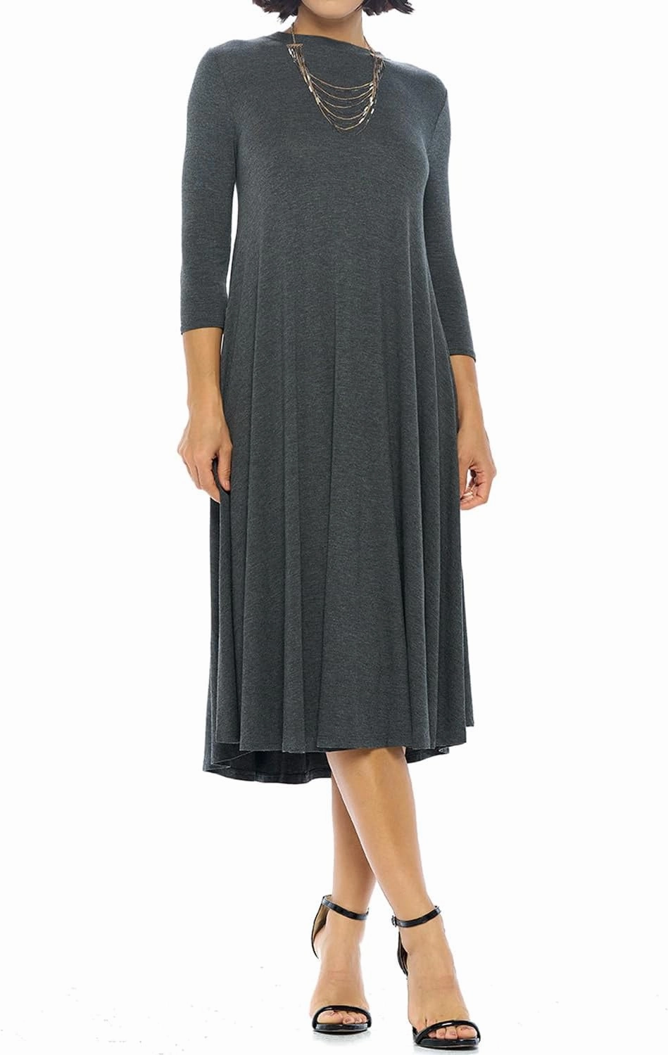iconic luxe Women's Swing Midi Dress – 3/4 Sleeve Flowy A-Line Tunic – Soft, Stretchy, Comfortable, and Versatile