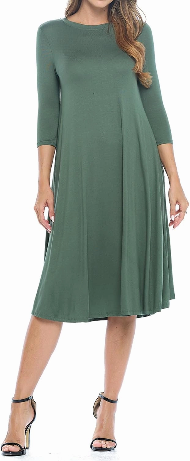 iconic luxe Women's Swing Midi Dress – 3/4 Sleeve Flowy A-Line Tunic – Soft, Stretchy, Comfortable, and Versatile