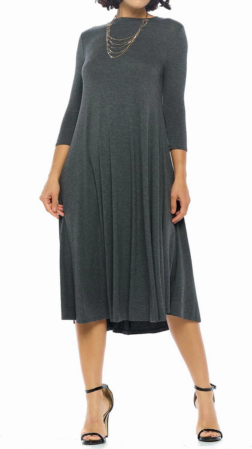 iconic luxe Women's Swing Midi Dress – 3/4 Sleeve Flowy A-Line Tunic – Soft, Stretchy, Comfortable, and Versatile