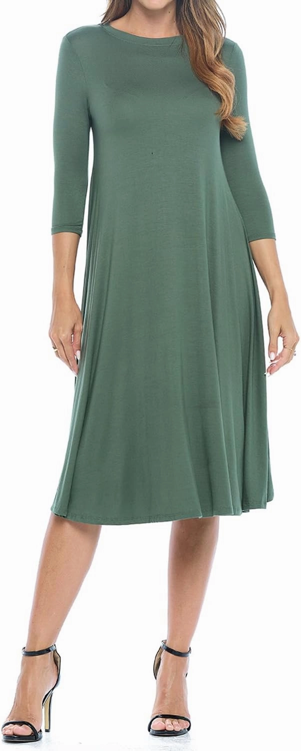 iconic luxe Women's Swing Midi Dress – 3/4 Sleeve Flowy A-Line Tunic – Soft, Stretchy, Comfortable, and Versatile