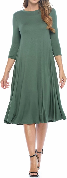 iconic luxe Women's Swing Midi Dress – 3/4 Sleeve Flowy A-Line Tunic – Soft, Stretchy, Comfortable, and Versatile