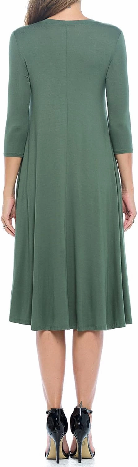 iconic luxe Women's Swing Midi Dress – 3/4 Sleeve Flowy A-Line Tunic – Soft, Stretchy, Comfortable, and Versatile