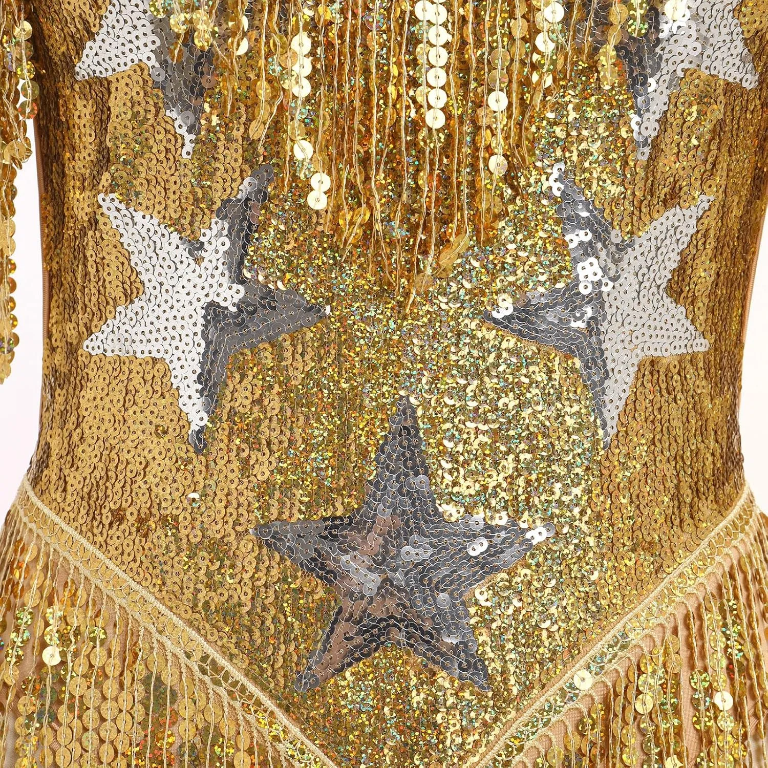 IWEMEK Sequin Sparkle Stars Fringes Bodysuit Leotard Rave Outfit for Women Music Festival Latin Dance Tassel Fringe Romper