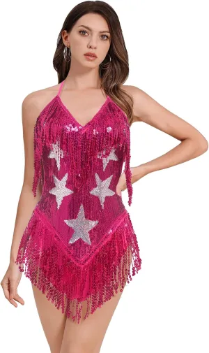 IWEMEK Sequin Sparkle Stars Fringes Bodysuit Leotard Rave Outfit for Women Music Festival Latin Dance Tassel Fringe Romper