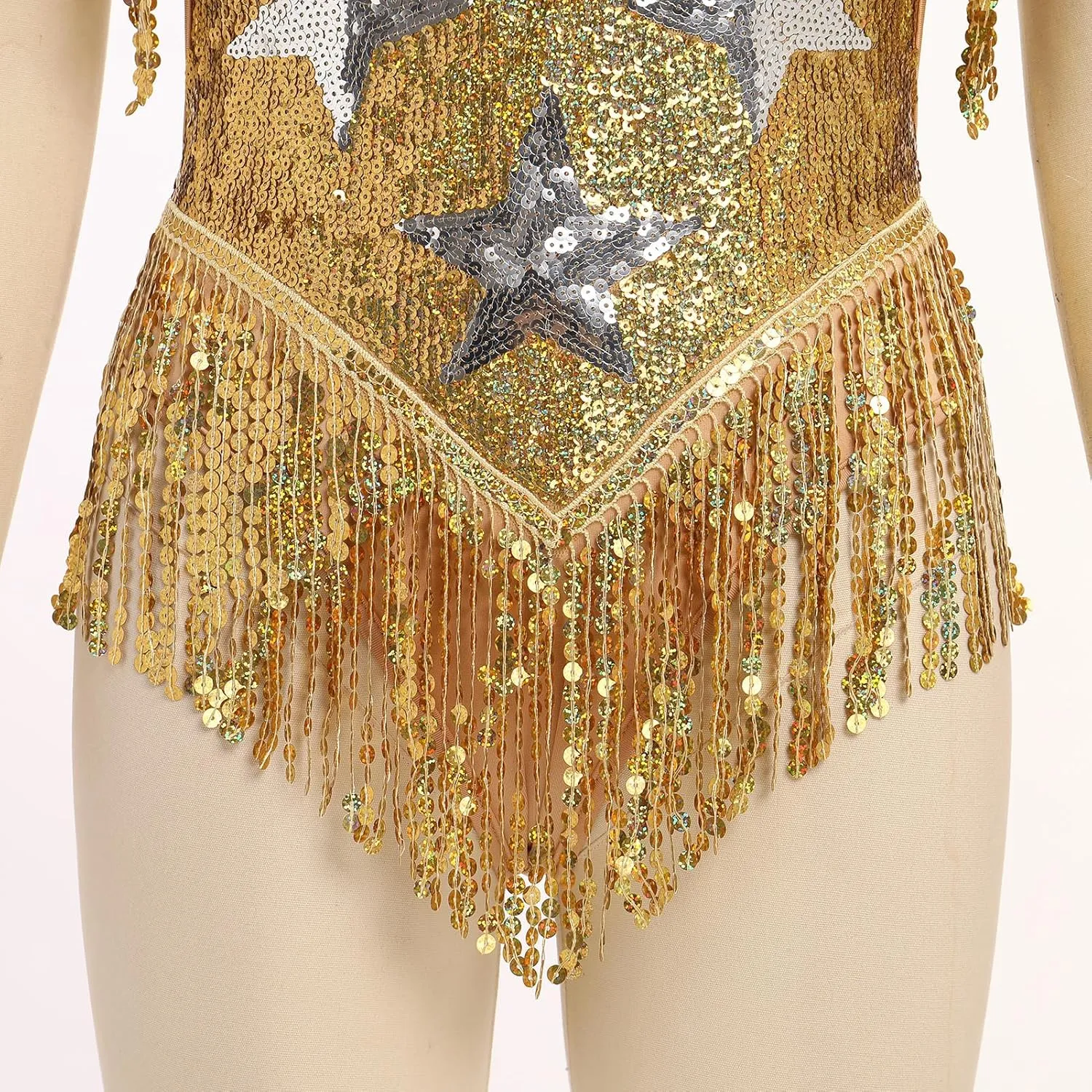 IWEMEK Sequin Sparkle Stars Fringes Bodysuit Leotard Rave Outfit for Women Music Festival Latin Dance Tassel Fringe Romper
