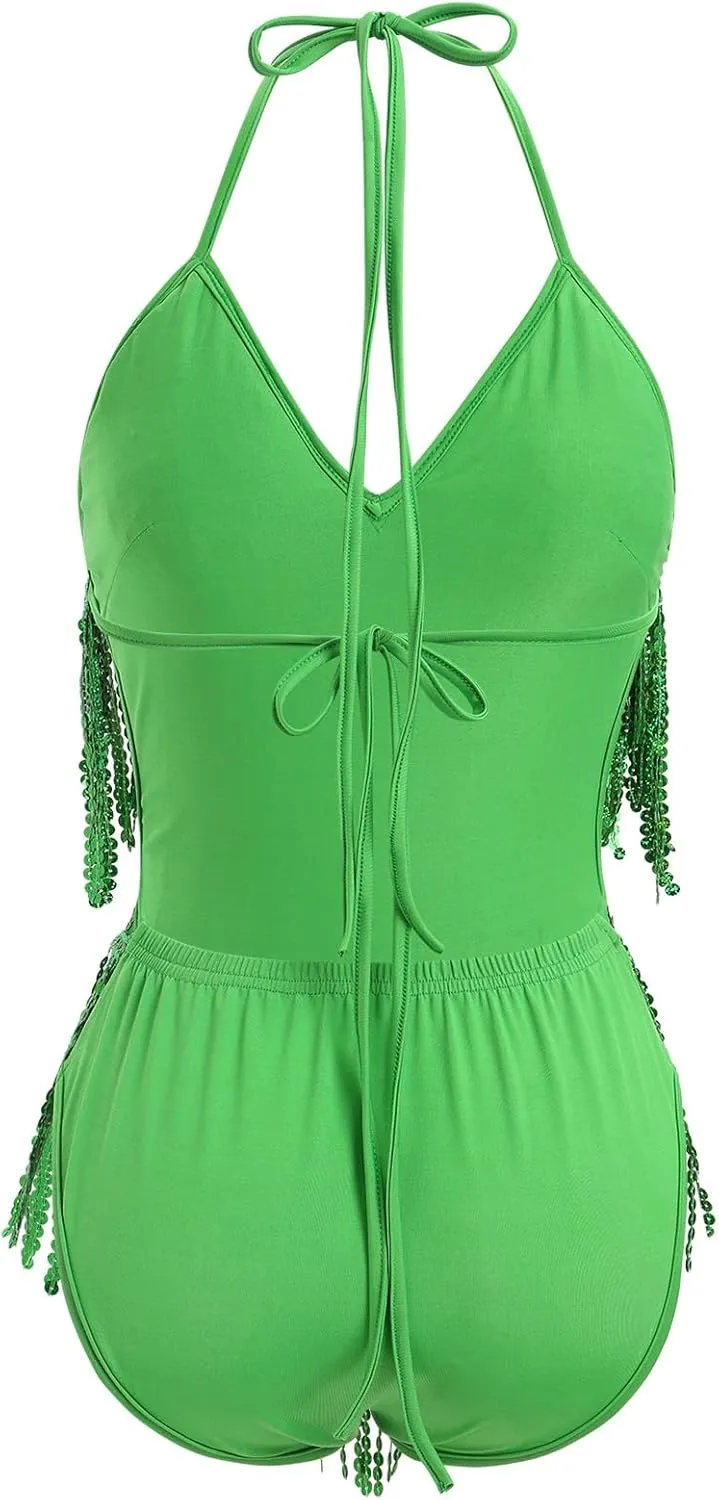 IWEMEK Sequin Sparkle Stars Fringes Bodysuit Leotard Rave Outfit for Women Music Festival Latin Dance Tassel Fringe Romper