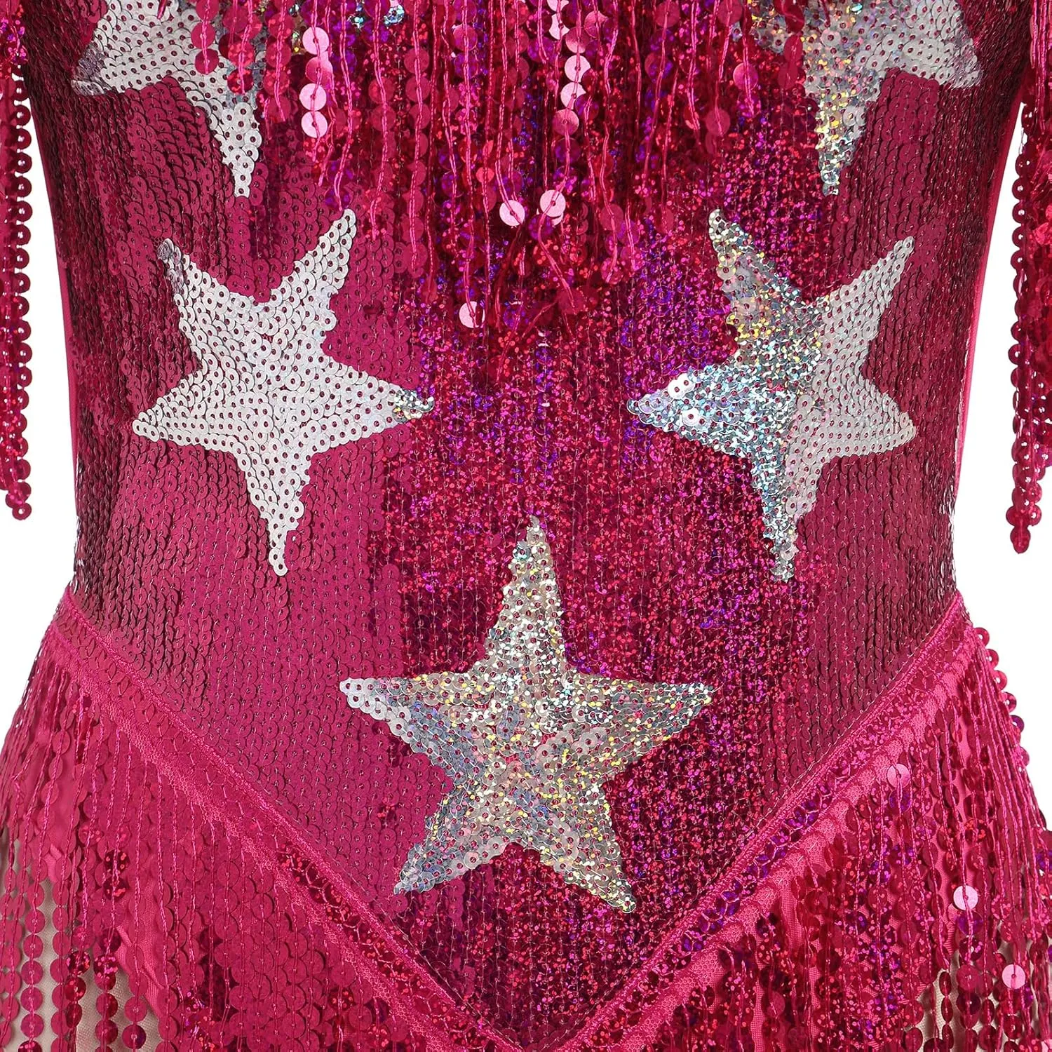IWEMEK Sequin Sparkle Stars Fringes Bodysuit Leotard Rave Outfit for Women Music Festival Latin Dance Tassel Fringe Romper