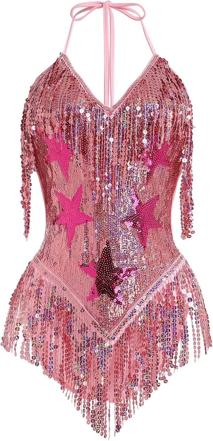 IWEMEK Sequin Sparkle Stars Fringes Bodysuit Leotard Rave Outfit for Women Music Festival Latin Dance Tassel Fringe Romper