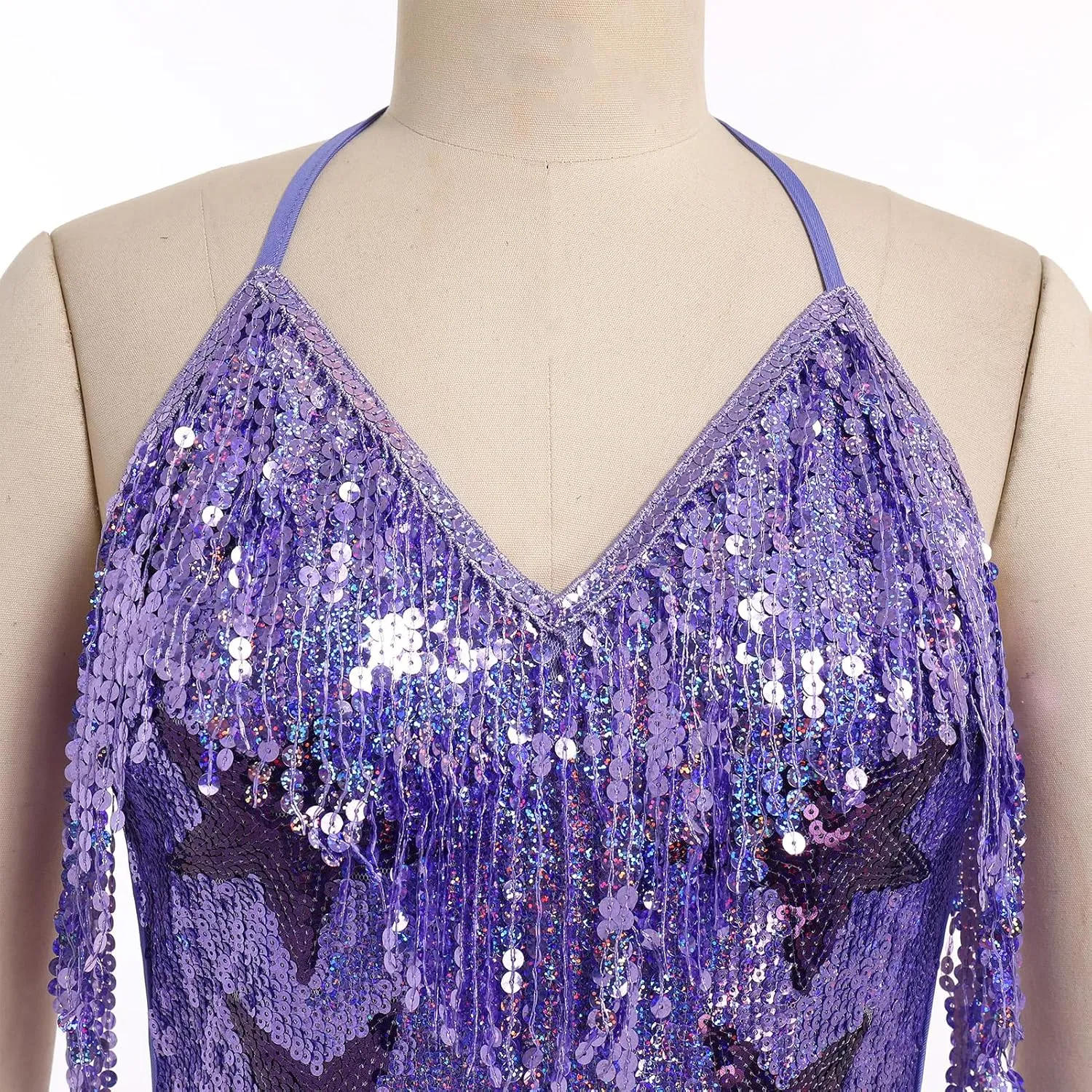 IWEMEK Sequin Sparkle Stars Fringes Bodysuit Leotard Rave Outfit for Women Music Festival Latin Dance Tassel Fringe Romper