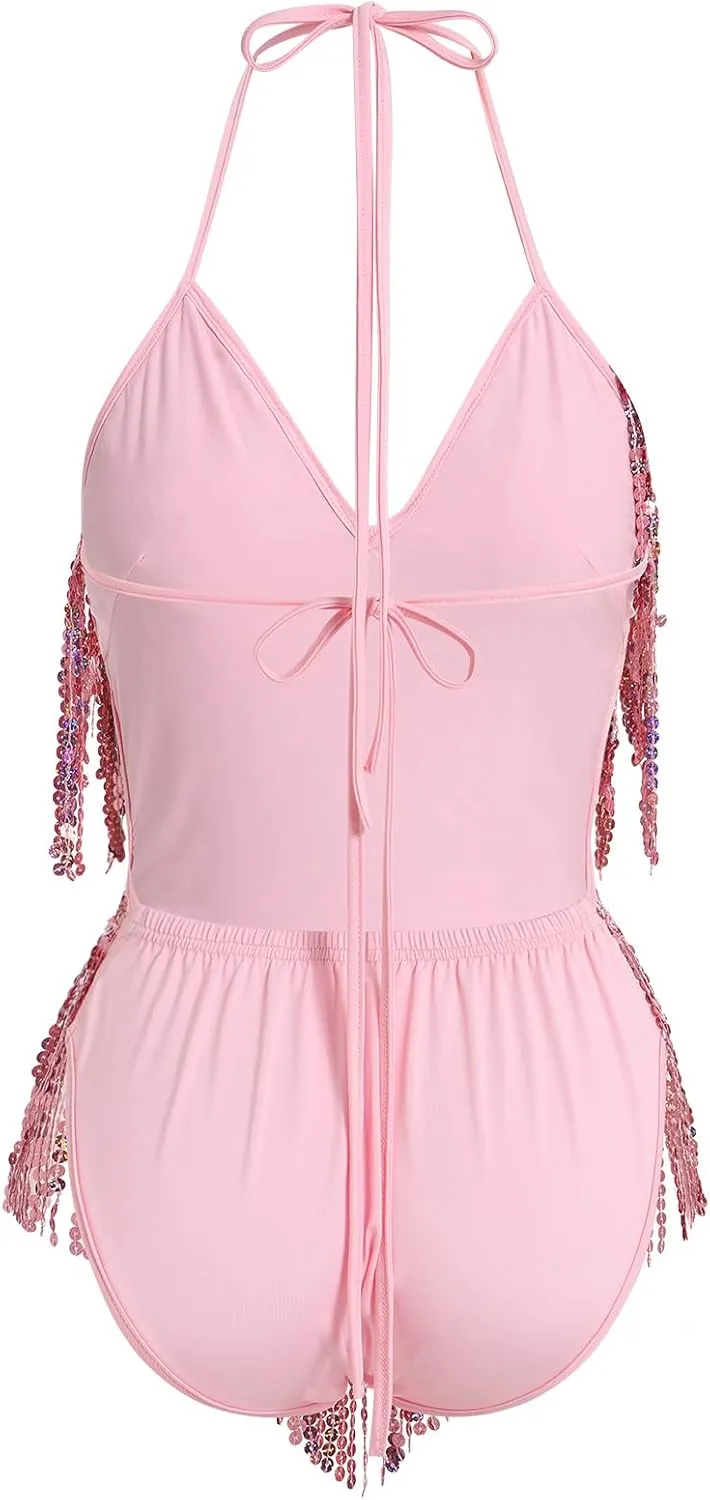 IWEMEK Sequin Sparkle Stars Fringes Bodysuit Leotard Rave Outfit for Women Music Festival Latin Dance Tassel Fringe Romper