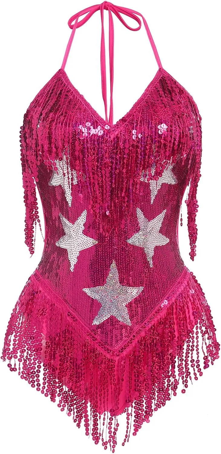 IWEMEK Sequin Sparkle Stars Fringes Bodysuit Leotard Rave Outfit for Women Music Festival Latin Dance Tassel Fringe Romper