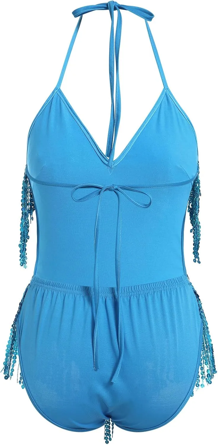 IWEMEK Sequin Sparkle Stars Fringes Bodysuit Leotard Rave Outfit for Women Music Festival Latin Dance Tassel Fringe Romper