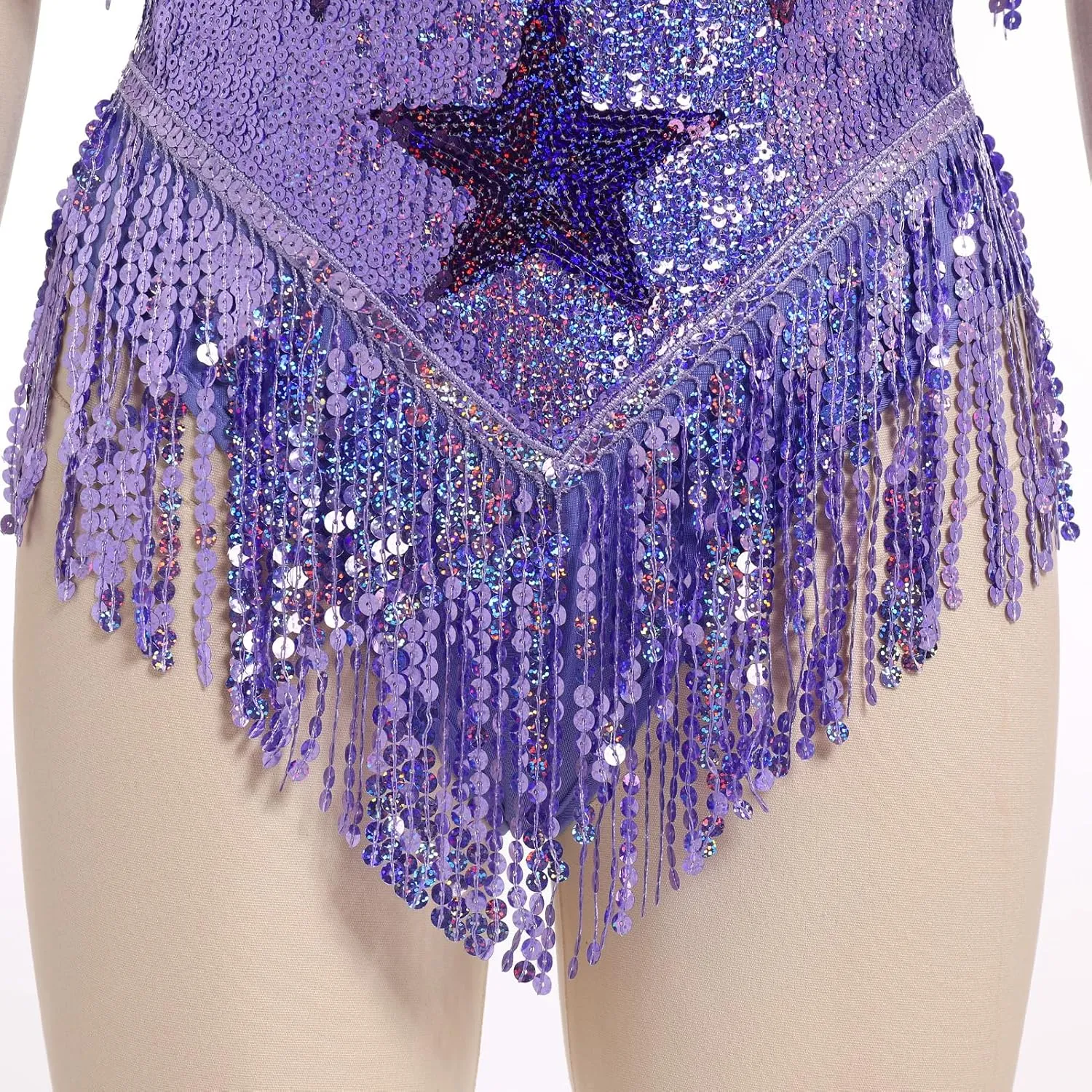 IWEMEK Sequin Sparkle Stars Fringes Bodysuit Leotard Rave Outfit for Women Music Festival Latin Dance Tassel Fringe Romper
