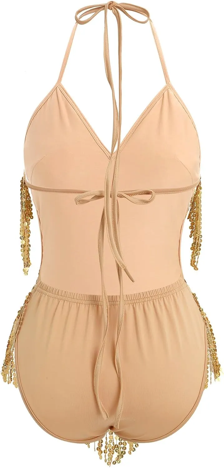 IWEMEK Sequin Sparkle Stars Fringes Bodysuit Leotard Rave Outfit for Women Music Festival Latin Dance Tassel Fringe Romper