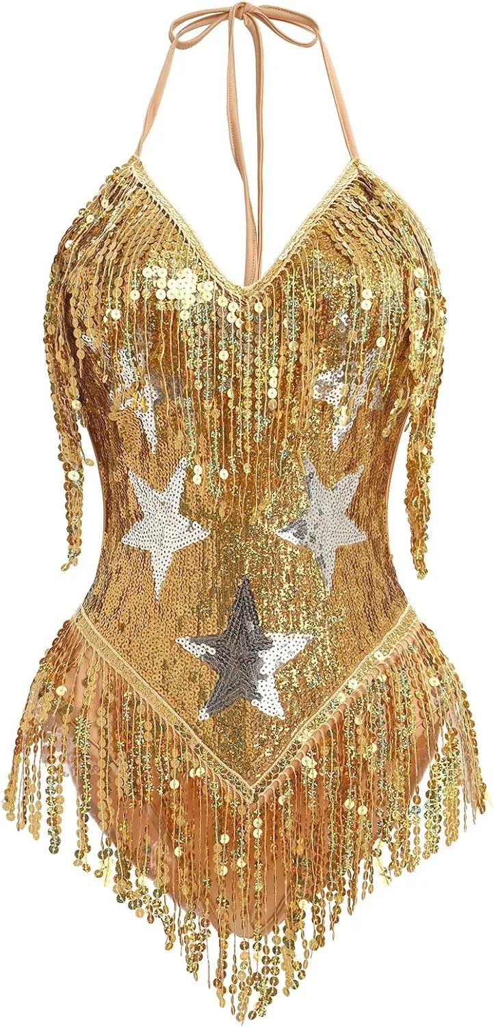 IWEMEK Sequin Sparkle Stars Fringes Bodysuit Leotard Rave Outfit for Women Music Festival Latin Dance Tassel Fringe Romper