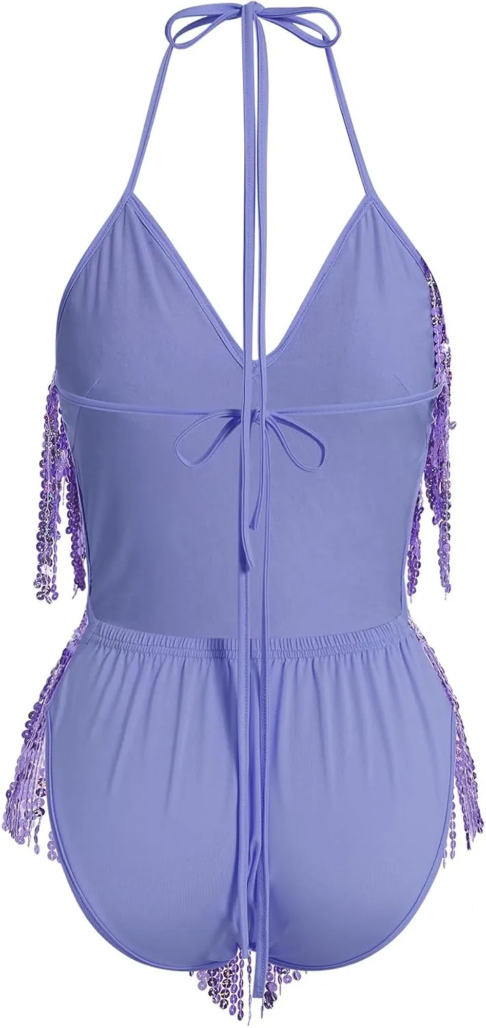 IWEMEK Sequin Sparkle Stars Fringes Bodysuit Leotard Rave Outfit for Women Music Festival Latin Dance Tassel Fringe Romper