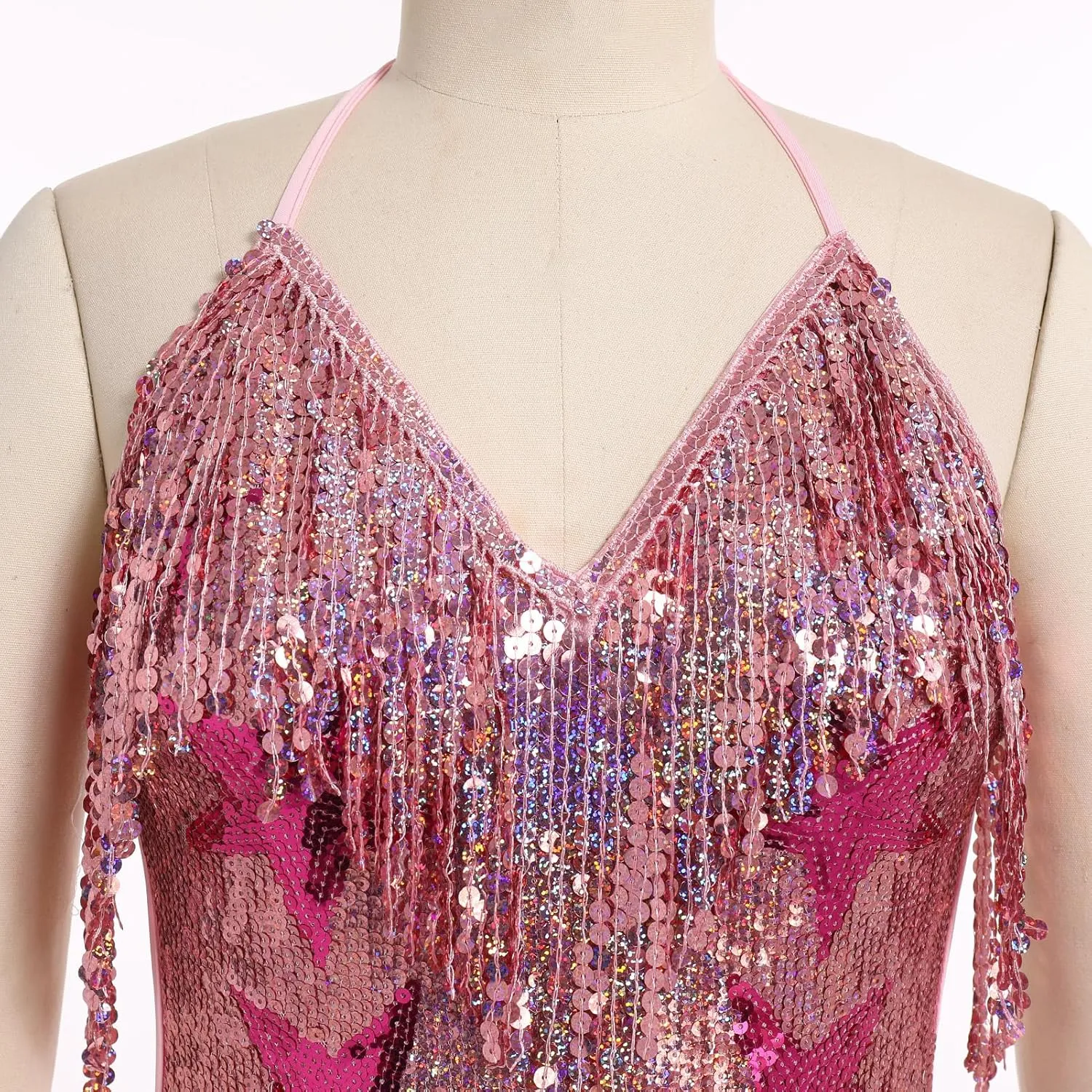 IWEMEK Sequin Sparkle Stars Fringes Bodysuit Leotard Rave Outfit for Women Music Festival Latin Dance Tassel Fringe Romper