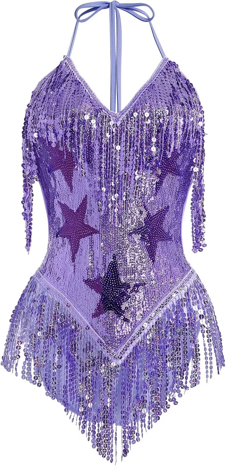 IWEMEK Sequin Sparkle Stars Fringes Bodysuit Leotard Rave Outfit for Women Music Festival Latin Dance Tassel Fringe Romper